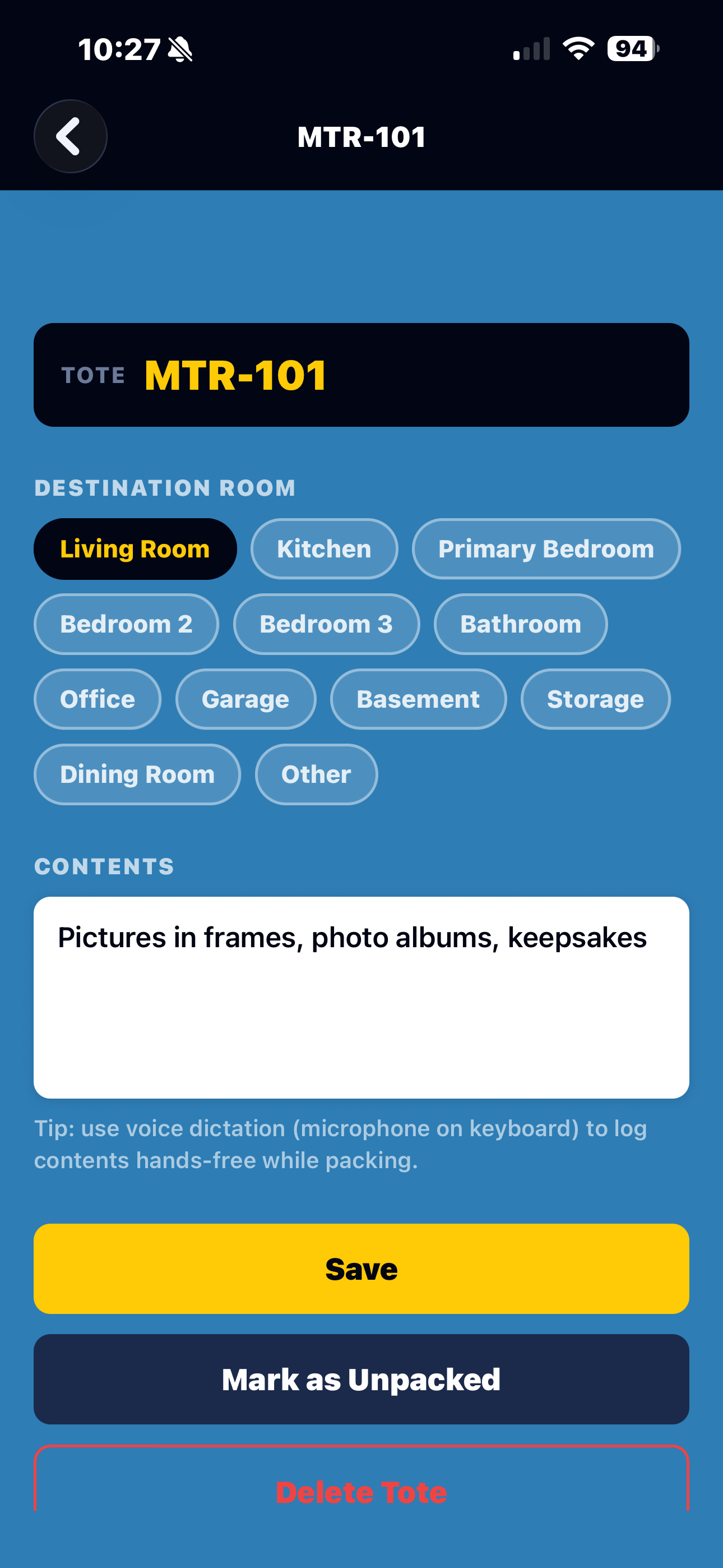 Milwaukee Tote Rentals app tote detail screen showing room assignment chips and contents text field