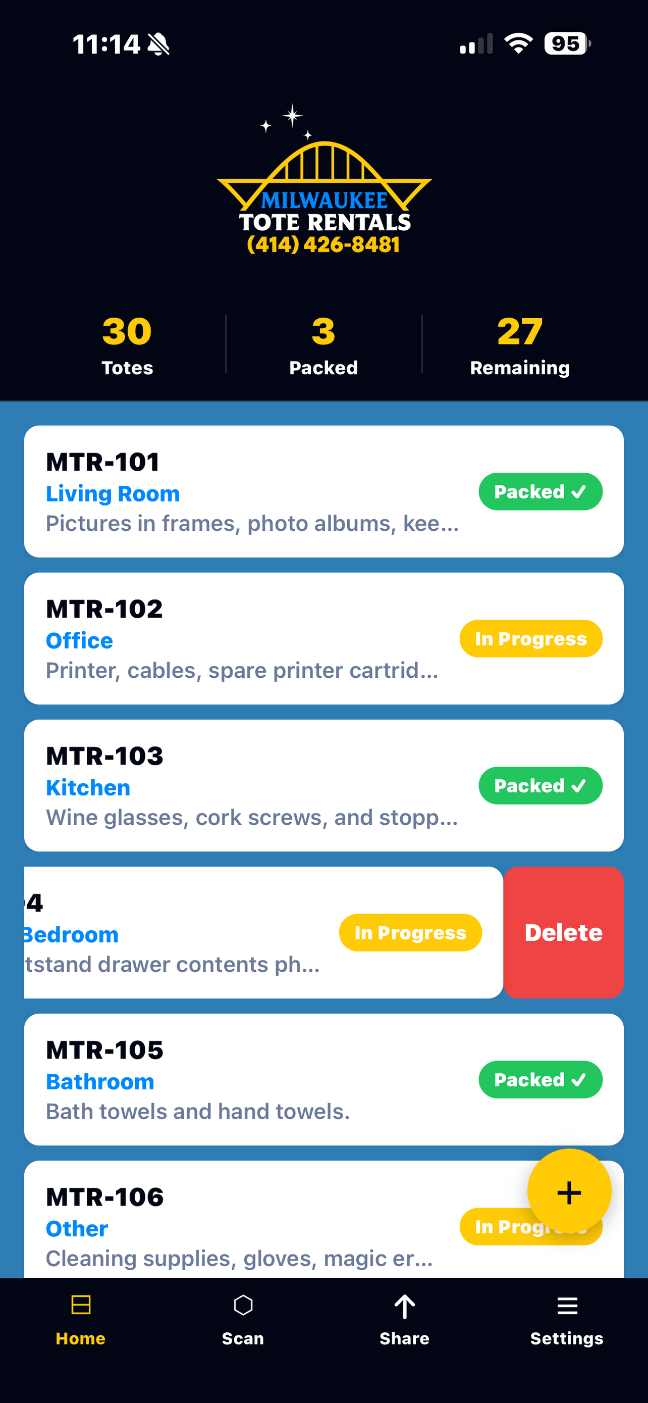 Milwaukee Tote Rentals app home screen showing tote dashboard with packed and remaining counts