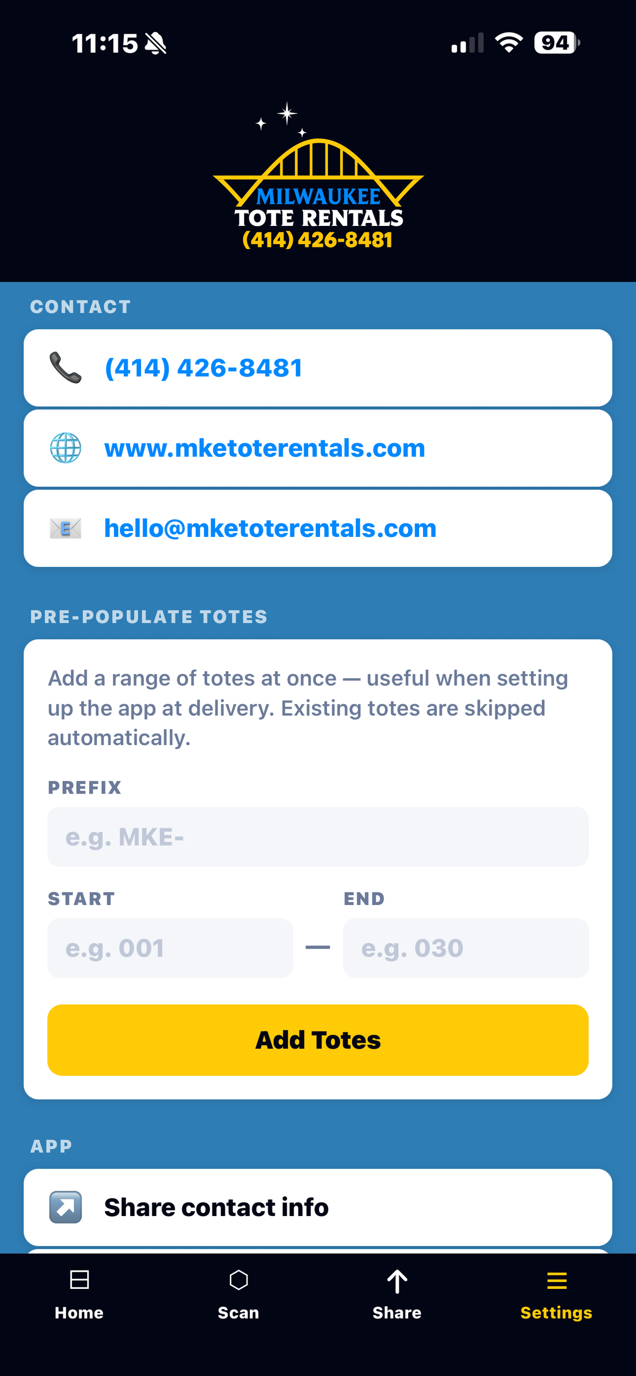 Milwaukee Tote Rentals app settings screen showing tote pre-population form and contact information