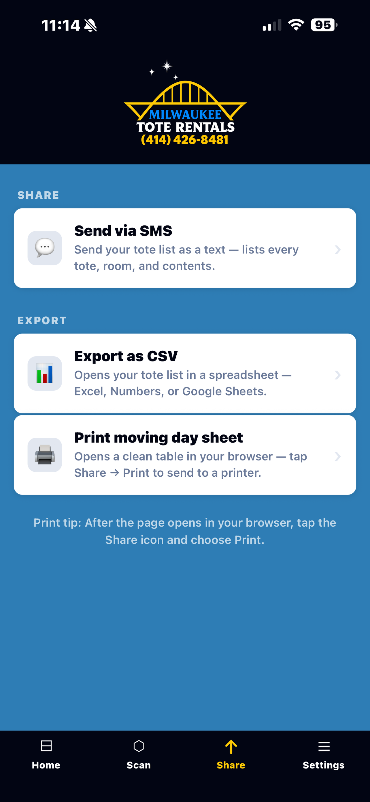 Milwaukee Tote Rentals app share screen showing SMS, CSV export, and print moving day sheet options